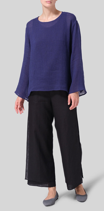 Cobalt Blue Linen Gauze Long Sleeve Loose Fit Blouse