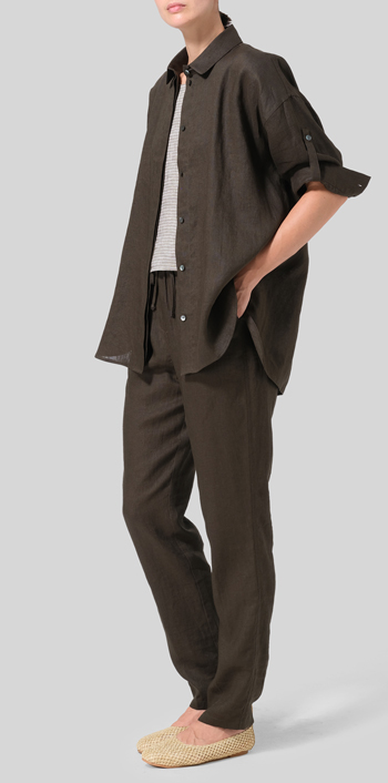 Dark Olive Linen Classic Collar Hidden Button Straight Top