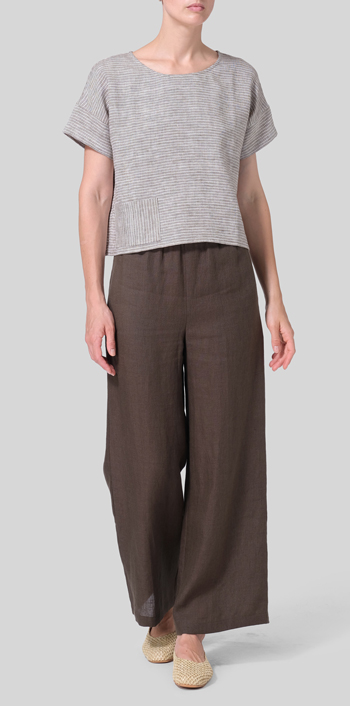 Khaki Stripe Linen Sloped Shoulder Boxy Short Top