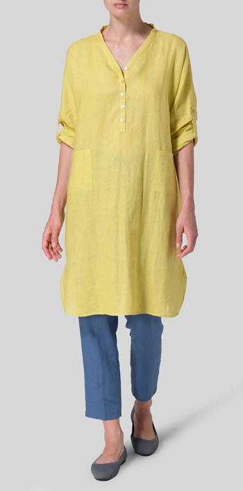 Yellow Linen Loose Fit V-Neck Tunic Dress