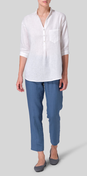Soft White Linen Blouse With V-neck Mandarin Collar