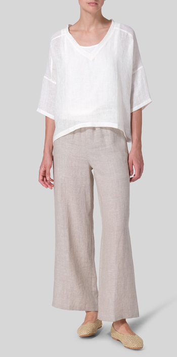 Soft White Woven Linen Deep V-neck Top