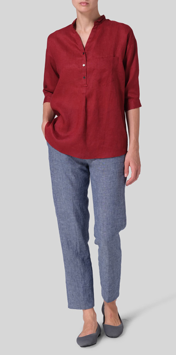 Dull Red Linen Blouse With V-neck Mandarin Collar