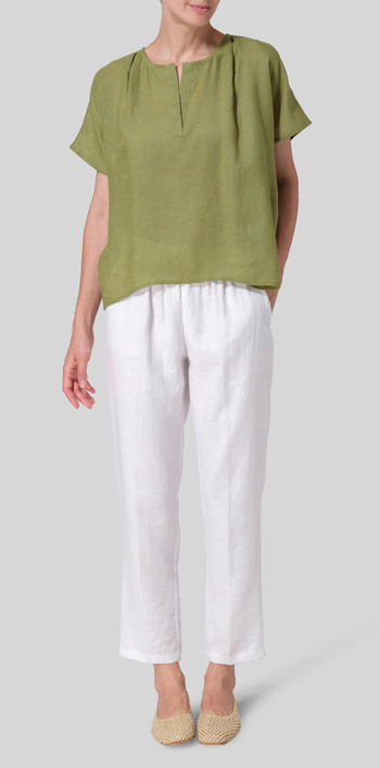 Middle Olive Green Linen Pleated Back Blouse