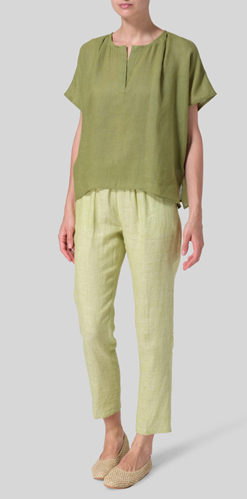 Middle Olive Green Linen Pleated Back Blouse Set