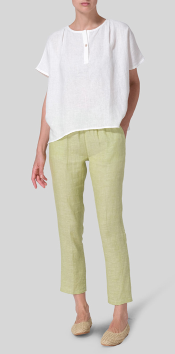 Ivory White Linen V-neck Pleated Blouse with Single-Button
