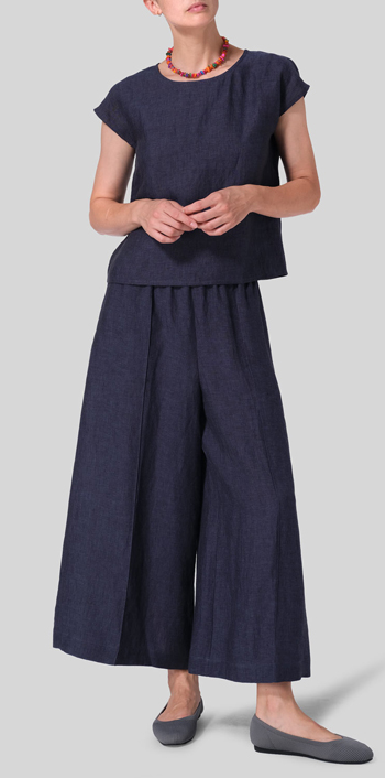 Dark Denim Linen Cap-sleeve Pullover Top Set