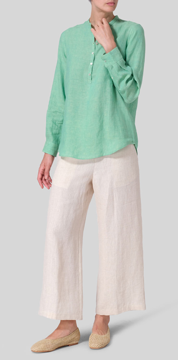 Two Tone Yellow Green Linen Mandarin Collar Shirt