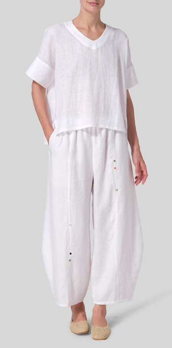 White Linen Sloped Shoulder Wide Boxy V-neck Top