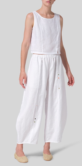 White Linen Embroidered Flared Leg Pants Set