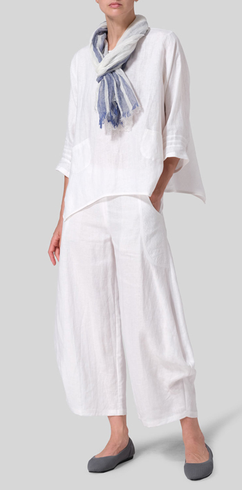 Linen Round Neck 3/4 Sleeve Top With Scarf