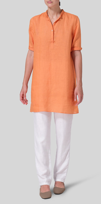 Orange Linen A-line Tunic With Double-layer Collar