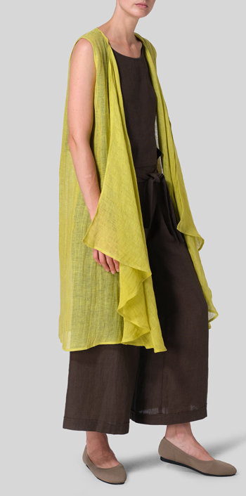 Yellow  Linen Waterfall-Front Long Vest Set