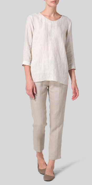 Light Beige Linen Regular Fit Embroidered V-Neck Top