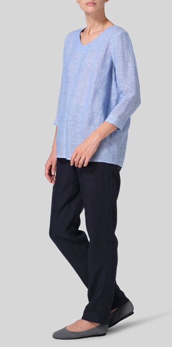 Cornflower Blue Linen Regular Fit Embroidered V-Neck Top