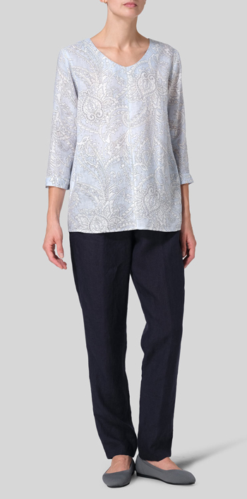 Blue Paisley Waves Linen Regular Fit Embroidered V-Neck Top