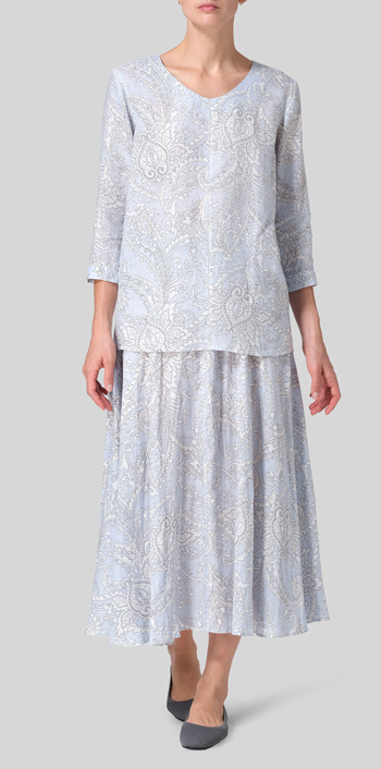 Blue Paisley Waves Linen Regular Fit Embroidered V-Neck Top Set