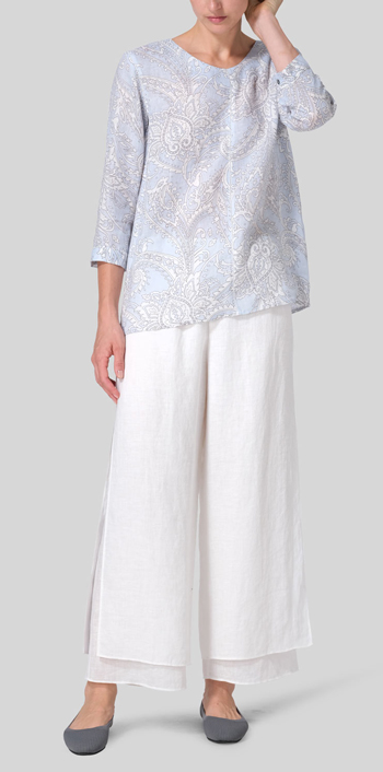 Blue Paisley Waves Linen Regular Fit Embroidered V-Neck Top