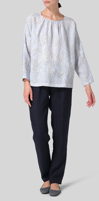 Blue Paisley Waves Linen Loose Pleated Crew Neck Blouse