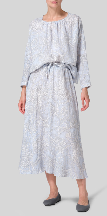 Blue Paisley Waves Linen Loose Pleated Crew Neck Blouse Set