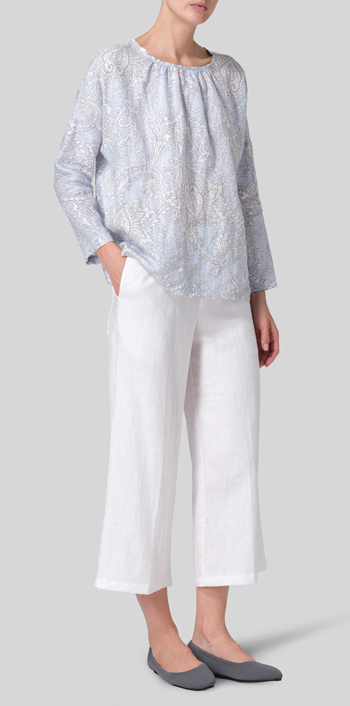 Blue Paisley Waves Linen Loose Pleated Crew Neck Blouse