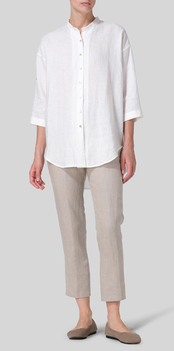 Off White Linen Mandarin Collar Drop-shoulder Long Shirt