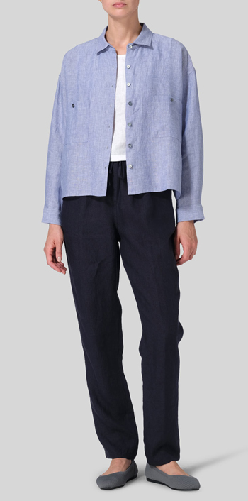 Pale Blue Linen Sloped Shoulder Wide Boxes with Collar Cropped Shirt