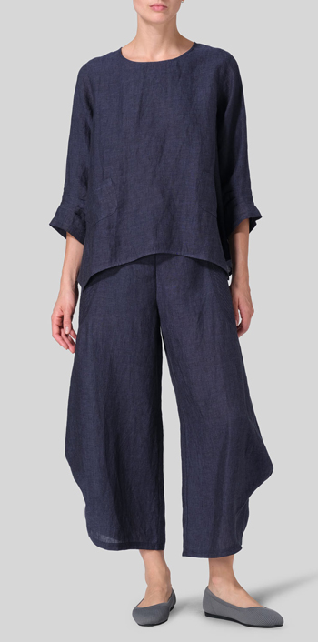 Dark Denim Linen Round Neck 3/4 Sleeve Top Set