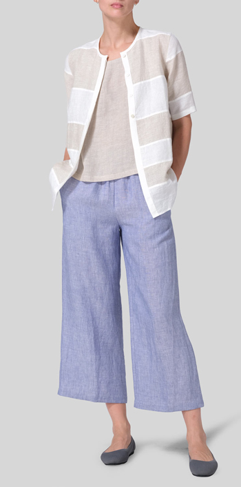 Linen Fitted Solid Half Button Top