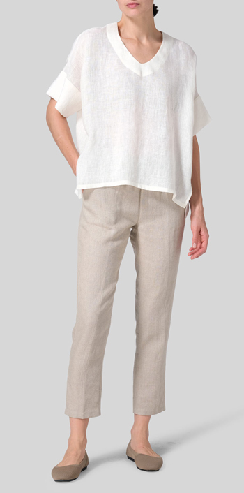 Cream Linen Sloped Shoulder Wide Boxy V-neck Top