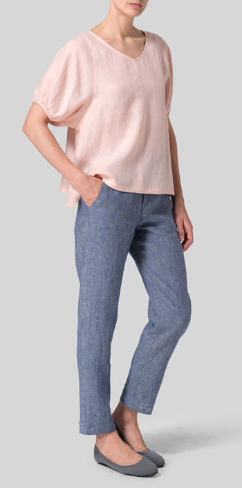 Rose Pink Linen Drawstring Cuffs Short Sleeve Top