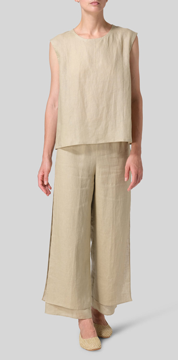 Light Khaki Linen A-Line French Sleeve Blouse Set