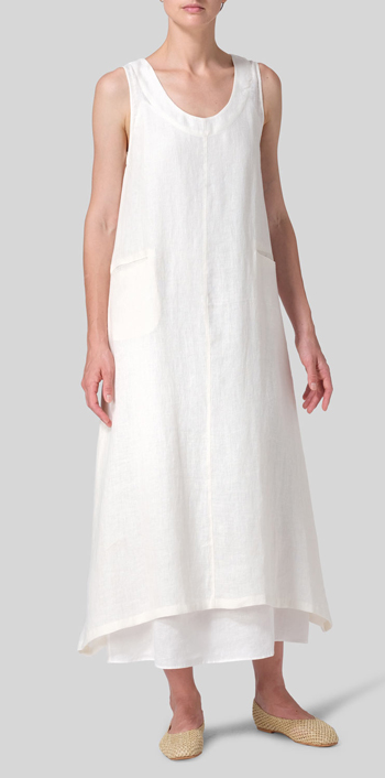 Cream White Lightweight Linen Sleeveless Long Dress