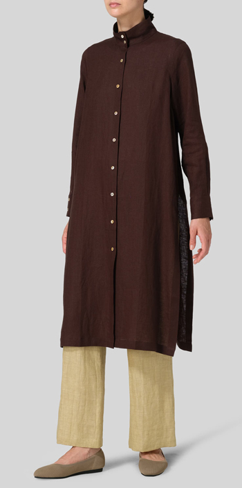 Brown Linen High Stand Collar Long Shirt