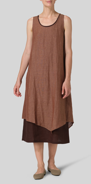 Brown Linen Double Layered Long Dress
