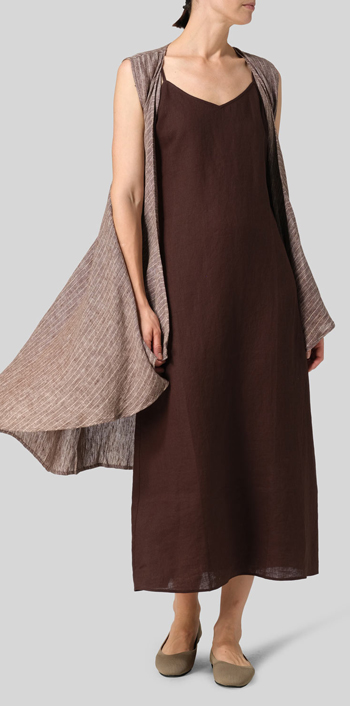 Brown Linen Spaghetti Strap Slim Fit Long Dress Set