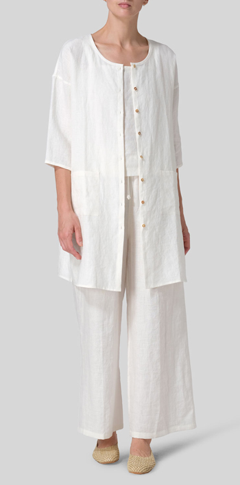 Off White Linen Round Neck Button Front Top