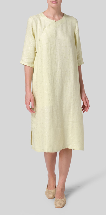 Soft Lime Jacquard Linen Tunic with Vintage Mandarin Knot