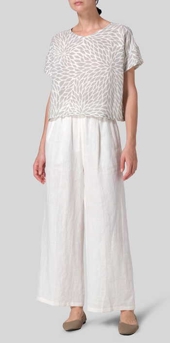 Khaki Leaf Linen Round Neck Box Top