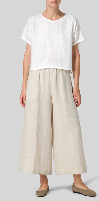 White Linen Round Neck Box Top