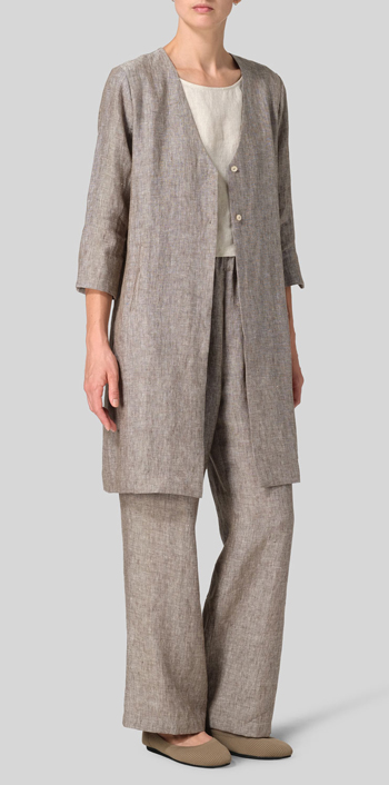 Two Tone Green White Linen Straight Fit V-Neck Long Jacket