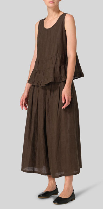 Dark Olive Brown Linen Sleeveless Pleated Blouse