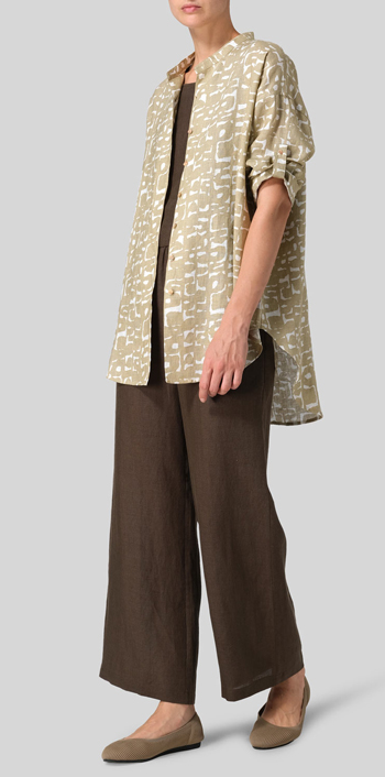Khaki Print Linen Mandarin Collar Dropped shoulder Long Shirt Set