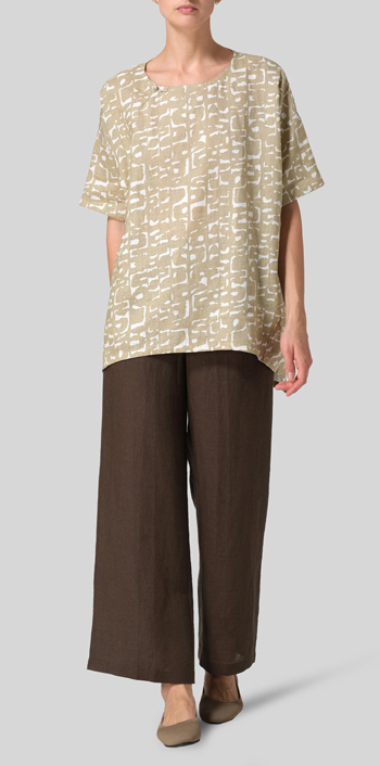 Khaki Print Linen Relaxed Handmade Knot Buttons Top Set