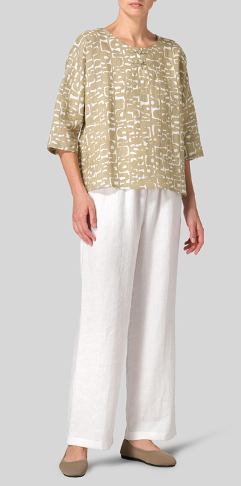 Khaki Print Linen Dropped Shoulder Handmade Knot Button Top