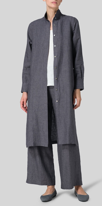 Charcoal Gray Linen High Stand Collar Long Shirt