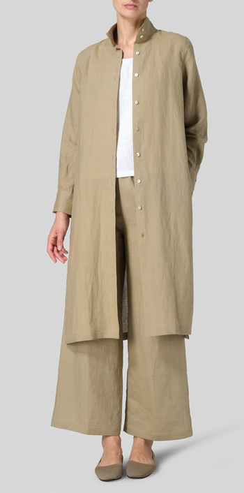 Khaki Sand Linen High Stand Collar Long Shirt