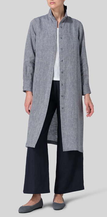 Two Tone Navy White Linen High Stand Collar Long Shirt