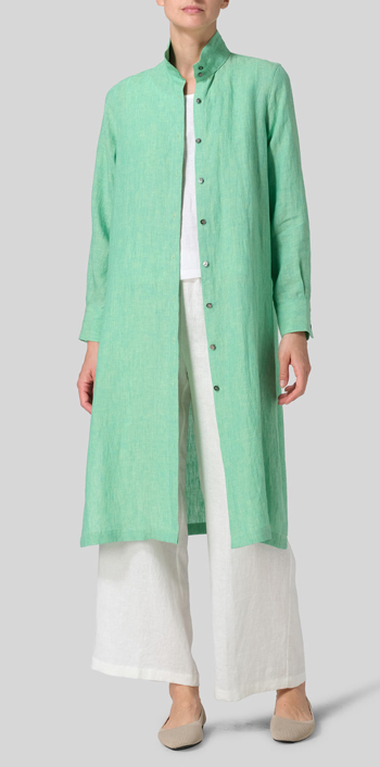 Two Tone Yellow Green Linen High Stand Collar Long Shirt