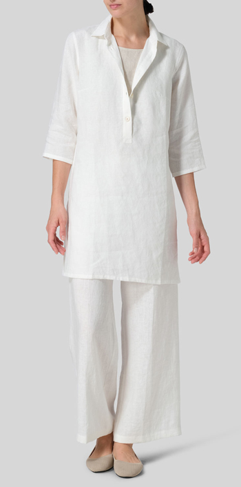 Off White Linen Straight Fit Shirt Collar Tunic